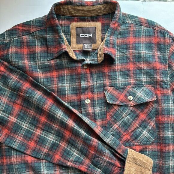 CQR‎ Flannel Button Up Shirt Dark Red / Orange Green Plaid Mens Size XL - Picture 3 of 13